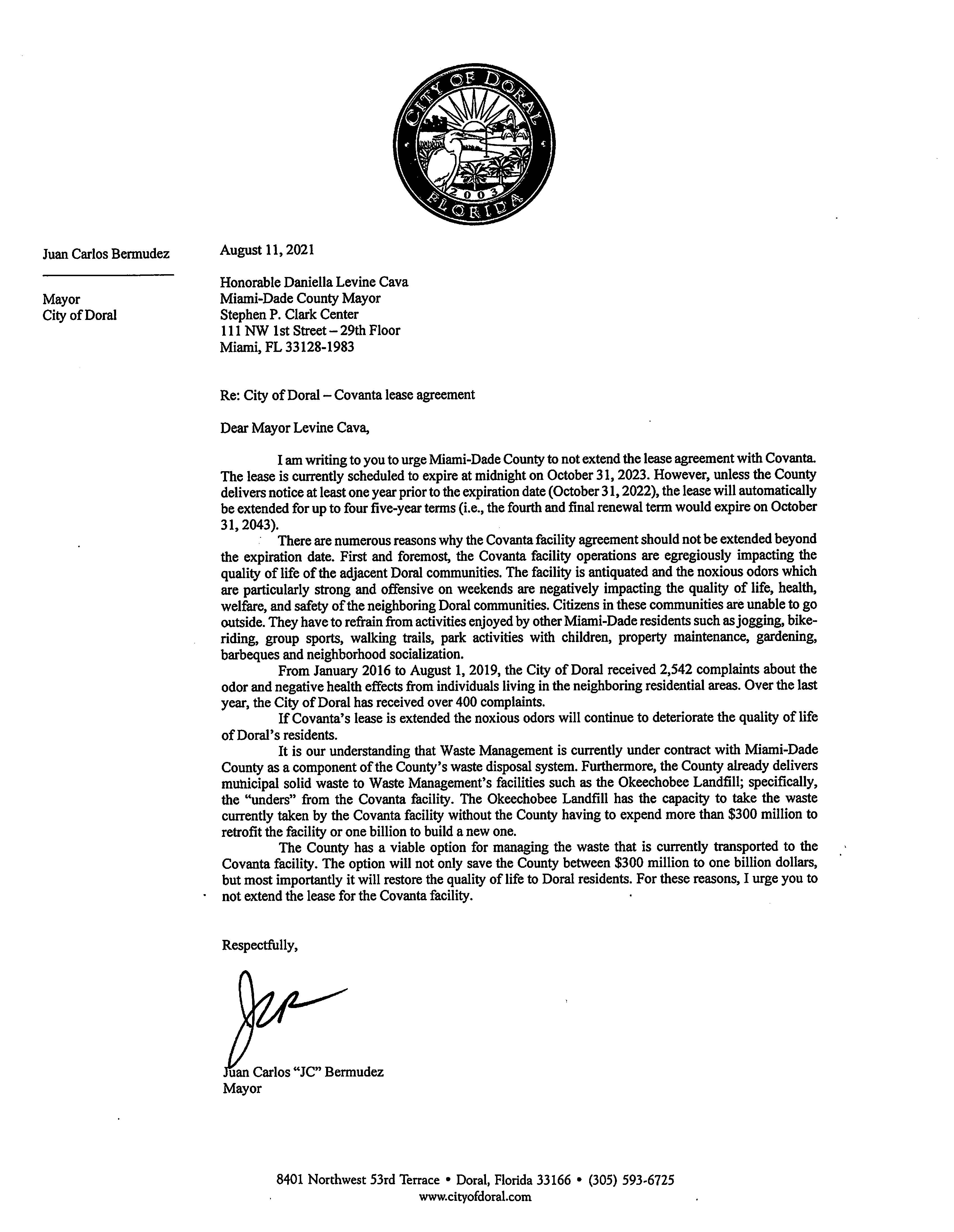 Letter From Miami - Dade County Mayor